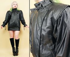 brand: JOHNSON LEATHER era: 1980S  condition: EXCELLENT, GENTLY USED material:  GENUINE LEATHER , ACETATE NYLON LINING tag size: SMALL suggested size: XS-SM PETITE  [ items may be pinned to fit model ] bust~ 19" across waist~ 19" across hip~ 19" across bottom of jacket~ 17" across shoulder width~ 18" sleeve length~ 22" overall length~ 28" back center collar to hem | model is 5'2 tall | US dress size 2/4 | items may be slightly pinned / belted on model to show correct fit | ALL SALES ARE FINAL AL Vintage Black Outerwear For Concert, Vintage Winter Outerwear For Concerts, Vintage Long Sleeve Outerwear For Concerts, 90s Style Black Fitted Outerwear, Punk Woman, Straight Jacket, 1980s Fashion, Leather Buckle, Leather Dress