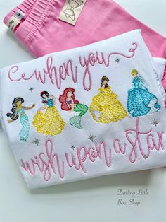 When you wish upon a star princess shirt - Darling Little Bow Shop Disney Princess Embroidered Birthday Shirt, Princess Applique Designs, Disney Applique Shirts, Disney Monogram Shirts, Disney Shirt Embroidery, Princess Squad Goals Shirt, Princess Shirt Ideas, Disney Embroidery Designs Shirts, Disney Princess Embroidery