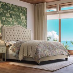 a bedroom with a bed, dresser and window overlooking the ocean is shown in this artist's rendering