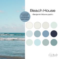 the beach house color scheme is blue, white and gray with an ocean scene in the background