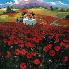 an oil painting of people sitting at a table in a field of poppies and flowers