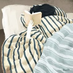 a painting of a person laying in bed with a book on their lap and reading