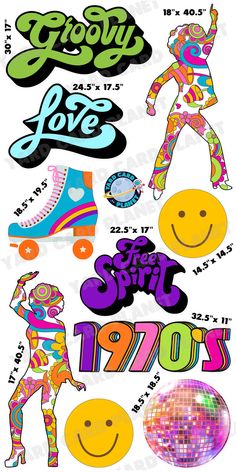 Slide into your favorite leisure suit, platform dancing shoes and groove to some disco music with our funky 1970s Yard Card Flair Set. This set makes a great addition to any lawn sign display and can easily be customized by adding a greeting, a name and other fun flair pieces as part of the yard card setup. You will receive 10 lawn signs, professionally printed, precision cut and ready to stake in various sizes shown below. Yard Signs in this set measure as follows: "Groovy" Sign (1) = 30" x 17" 70s Signs, Groovy Sign, Disco Invite, Disco Sign, Rainbowcore Fashion, Groovy Classroom, Disco 80, 70s Theme Party, 70’s Disco