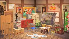 모동숲 인테리어 Acnh Maximalist House, Animal Crossing Room Ideas New Horizon, Art Studio Acnh, Animal Crossing Maximalism, Acnh Wall Art Code, Acnh Builds, Acnh Art