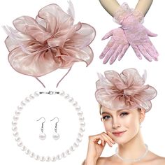 PRICES MAY VARY. 👒[Pink Organza Tea Hat for Women]:Set includes 1 organza tea hat, 1 pair of short lace gloves, 1 pair of artificial pearl earrings, and 1 artificial pearl necklace. Timeless, elegant, vintage tea hats are perfect for wedding headpieces, tea parties, cocktails, bridal parties or other special occasions. 🌸[Well Made of Quality Material]:Women's Tea Hats are made of high quality organza fabric with soft feathers to create a floral look. It's cute, well made and easy to wear. As a Halloween Tea Party, Mesh Headband, Tea Hats, Womens Tea, Pearl Jewelry Set, Wedding Halloween, Black Fascinator, Halloween Headband, 1920s Vintage