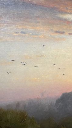 a painting of birds flying in the sky over a hill at sunset with clouds and grass