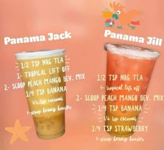 there are two cups with different types of drinks in them, one is orange and the other has banana jack