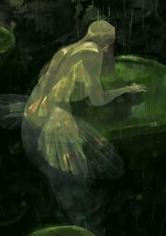 a painting of a woman sitting on top of a green lily pad in the rain