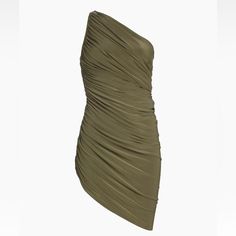 Norma Kamali Diana Ruched Mini Dress In Military Green Strapless Long Dress, Leather Waistcoat, Fishtail Dress, Ruched Mini Dress, Leather Midi Skirt, Leather Mini Dress, Pleated Maxi Skirt, Printed Pencil Skirt, Long Sleeve Sweater Dress