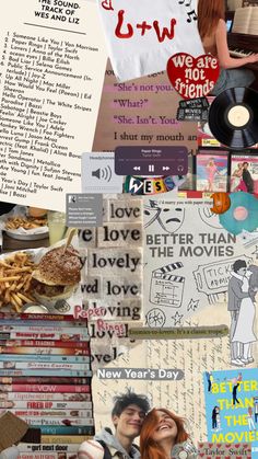 the collage shows many different types of papers and pictures, including words that say i love you