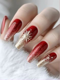 Christmas Nail Designs Red And Gold, Nails For Christmas And New Years, New Year Eve Nails Ideas, New Year's Nails Design, Christmas New Years Nails, Christmas Nails Acrylic Almond, Christmas/new Years Nails, Nail Christmas Designs, December Nails Acrylic