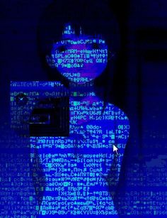 the silhouette of a person in front of a computer screen with words all over it