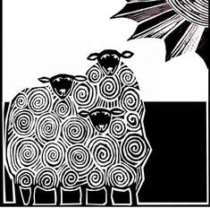 two black and white sheep standing next to each other on a field with swirly lines