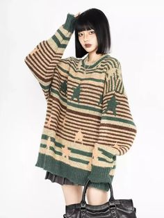 DetailsMaterial: PolyesterCollar: O-neck Cute Baggy Sweaters, Oversized Cute Outfits, Collared Sweater Outfit, Oversized Knitted Sweater, Green Streetwear, Y2k Star, Female Tops, Streetwear Hip Hop, Star Sweater