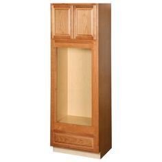 a tall wooden cabinet with two doors on the front and one door open to reveal an empty shelf