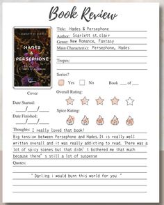 Hades & Persephone Journal For Books Read, Book Report Aesthetic, Book Rate Template, Book Journal Book Review, Book Review Page Ideas, Review Book Template, Book Review Notebook, Book Review Questions, How To Write A Book Review Template