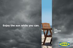 a wooden chair sitting on top of a sandy beach under a cloudy sky with the words, enjoy the sun while you can