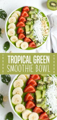 tropical green smoothie bowl with strawberries and kiwi