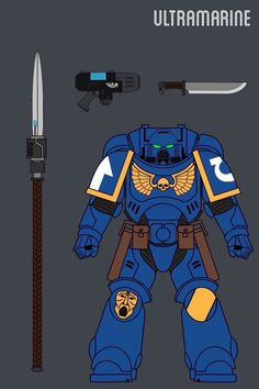 a blue and yellow robot with two swords