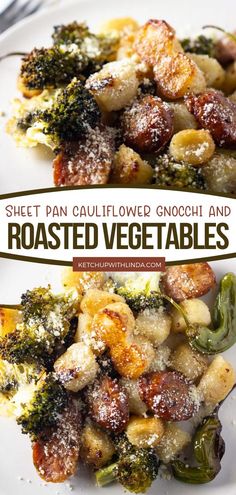 two plates filled with roasted vegetables covered in powdered sugar and topped with broccoli