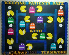 a bulletin board with different types of pacman faces and words that read keeping patients safe