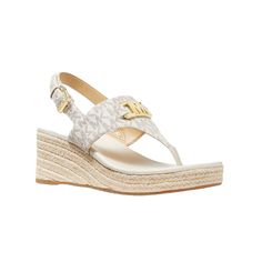 Camila Wedge Sandal In Vanilla Mfsrp: $185.00 The Coveted Camila Sandal Raises The Bar With An Effortless Blend Of Style And Versatility. Crafted From Signature-Print Canvas Or Leather (In Black) And Set On A Jute Wedge Its Finished With The Brands Empire Hardware. Style This Pair With Dresses And Jeans Alike. Sandal Logo-Print Canvas Or Leather (In Black Color) 89.4% Coated Canvas/9.6% Polyester /1% Polyurethane Lining: Polyurethane Blend Sole: Rubber Open Toe Buckle Fastening Heel Height: 2.75 Luxury Michael Kors Sandals For Spring, Chic Michael Kors Leather Wedge Sandals, Michael Kors Platform Wedge Sandals For Beach, Michael Kors Summer Wedge Sandals For Beach, Chic Michael Kors Wedge Heel Sandals, Chic Michael Kors Wedge Sandals For Summer, Michael Kors Summer Wedge Sandals, Michael Kors Summer Beach Wedge Sandals, Michael Kors White Leather Sandals