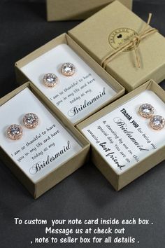 three personalized bridesmaid gift boxes with their wedding rings in them and the words, to custom your note card inside each box