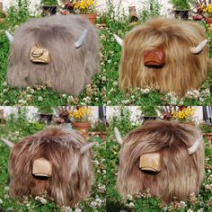 four different types of furry animals with long hair and horns on their heads in the grass