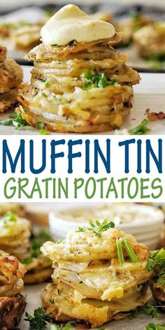 this is an image of muffin tins with gratin potatoes