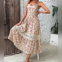 New Boho Cottage Floral Lace Cami Midi Dress * Sleeveless * Adjustable Spaghetti Strap * Faux Button Front Detail * Sheer Embroidered Lace High Waist * Zip Back * A Line Skirt * Lace Inset Detail * Ruffle Hem *Approximate Measurements* Xs (2) * Bust 32.25"(Up To 34") * Waist 27.25" * Length 47.25" Small (4) * Bust 32.25"(Up To 35.5") * Waist 28.75" * Length 48.25" Medium (6) * Bust 34"(Up To 37") * Waist 30.25" * Length 49" Large (8/10) * Bust 36.25"(Up To 39.5") * Waist 32.75" * Length 49.75" X A-line Midi Dress With Lace Trim For Beach, Beige A-line Midi Dress With Lace Trim, Bohemian Midi Dress With Floral Print And V-neck, Bohemian V-neck Midi Dress With Lace Trim, Off-white Sleeveless Bohemian Midi Dress, Boho Cottage, Southwestern Boho, Cami Midi Dress, Summer Sundress