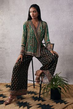 Shop for these amazing collections of Multi Color Crepe Printed Ikaya Embroidered Angrakha And Palazzo Set For Women by Soup by Sougat Paul online at Aza Fashions. Soup By Sougat Paul, Bohemian Tops For Women, Indian Inspired Fashion, Sougat Paul, Top With Palazzo, Kaftan Designs, Mode Hippie, Dhoti Pants, Palazzo Set