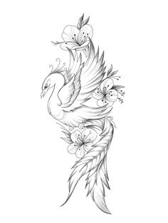 a black and white drawing of a bird with flowers on it's back side