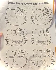 a hand holding up a piece of paper with pictures of hello kitty's expressions