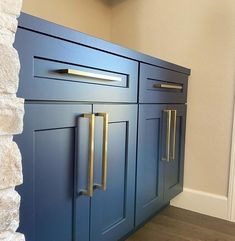 a kitchen with blue cabinets and gold handles