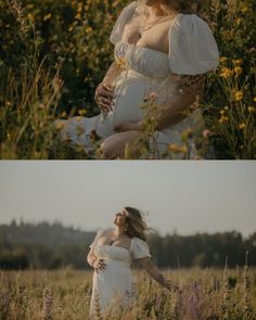 the pregnant woman is holding her belly while standing in tall grass