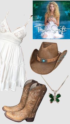 a woman in white dress and cowboy boots with necklaces, hat and brooch