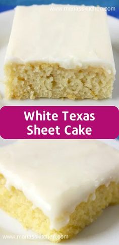 two pieces of white texas sheet cake on a plate with the words, white texas sheet cake