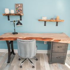 live edge maple wood shelf. Rustic Desk Ideas, Welcome Desk, Reclaimed Wood Siding, Live Edge Desk, Live Edge Shelves, Oak Bar Stools, Counter Stools With Backs, Rustic Desk, Wood Side Chair