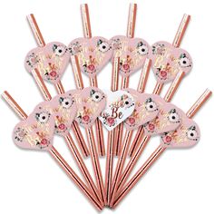 12 rose gold foiled heart shaped straws with the word be on it and flowers