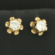 In 14k yellow gold. Contains two high quality 1/3ct Old European cut diamonds, VS clarity/H color. Friction backs. 1.8g.   Inventory 19534 Flower Diamond Earrings, Antique Show, Flower Tops, Yellow Gold Bracelet, European Cut Diamonds, Vintage Diamond, Custom Jewelry, Jewelry Stores, Unique Pieces