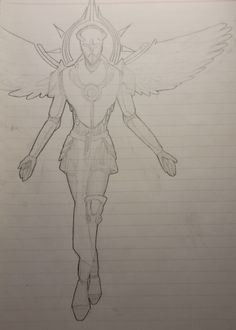 a drawing of a woman with wings on her head and arms, standing in front of a