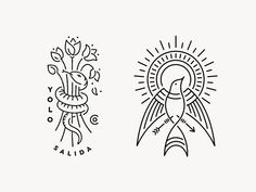 two different designs on white paper, one with a bird and the other with a sun