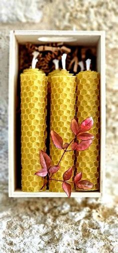 three yellow candles with pink flowers in a box