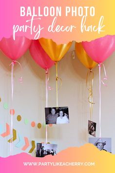 balloons hanging from the wall with photos attached to them