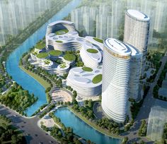 an artist's rendering of a futuristic city in the middle of a body of water