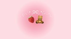 a brown teddy bear sitting next to a strawberry on a pink background with white stars