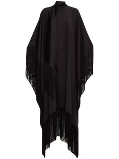 black crepe texture satin trim kaftan silhouette mock neck rear button fastening keyhole detail to the rear long sleeves fringe detailing asymmetric hem Taller Marmo, City Dress, Summer Beach Wear, Kaftan Dress, Scarf Styles, Asymmetric Hem, Moda Operandi, Jacket Tops, Denim Dress