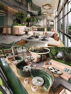 the inside of a building with lots of furniture and plants on it's walls