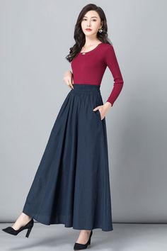 "Get dressed and out of the door in classic good looks with this pleated Long maxi skirt, crafted with soft cotton linen fabric, featuring pleated waist detail and two big pockets. DETAIL * 50% linen,50% cotton * Pleated around waist * Two pockets * Around waist elastic * Plus size skirt * Full skirt, swing skirt * Perfect for spring and summer, autumn * More color SIZE GUIDE Size vary between Brand and Country Please get your body measurement with our Size Guide And Find your size in our Size C Solid Color Flowy Maxi Skirt With Pockets, Solid Flowy Maxi Skirt With Pockets, Full-length Relaxed Skirt With Pockets, Relaxed Full-length Skirt With Pockets, Relaxed Maxi Skirt With Pockets, Long Skirt With Pleated Waist In Solid Color, Solid Color Long Skirt With Pleated Waist, Pleated Wide-leg Fall Maxi Skirt, Pleated Wide Leg Fall Maxi Skirt