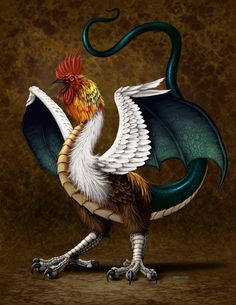 a painting of a rooster with wings spread